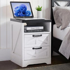 IDEALHOUSE Farmhouse Nightstand with Charging Station & 2 Drawers, Industrial Style White Bedside Table, Sturdy Engineered Wood