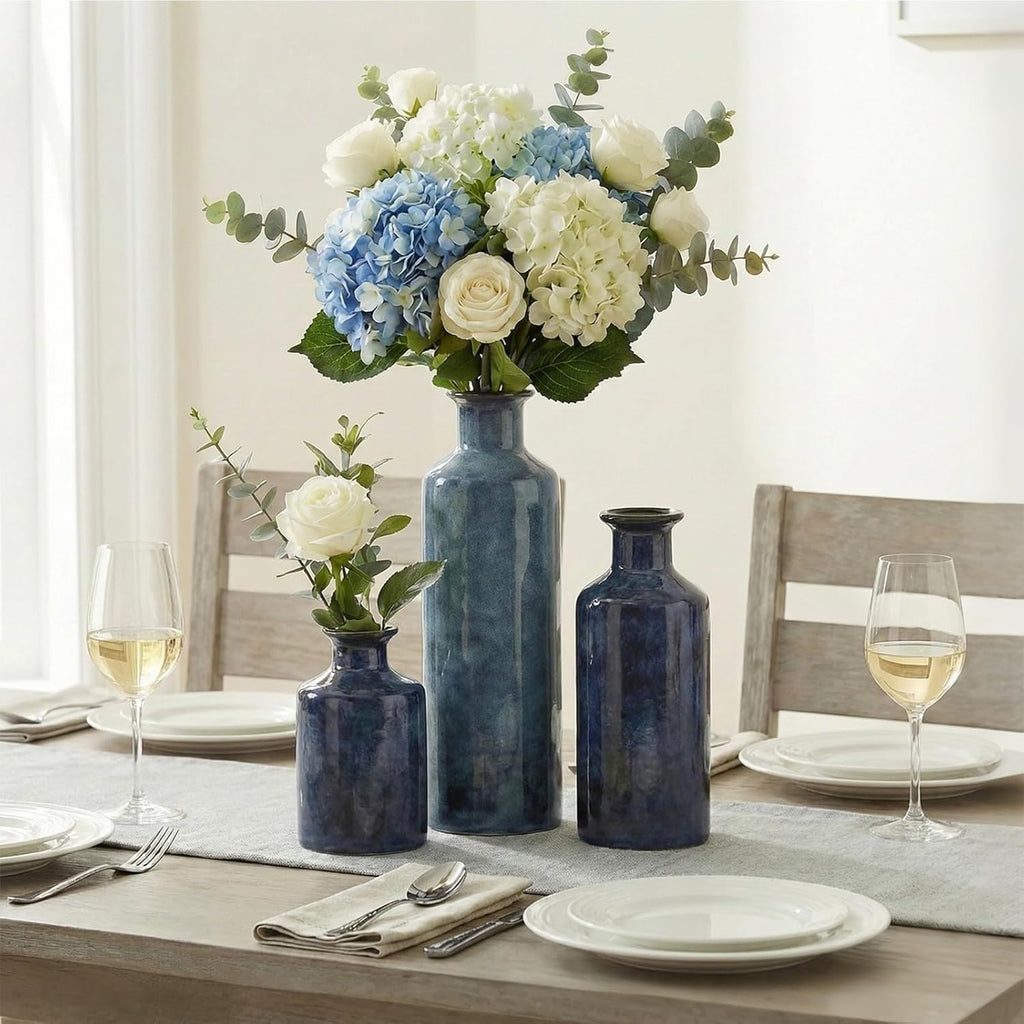 Blue Ceramic Vase Set - 3 Blue Small Vases, Farmhouse Country Flower Vase Home Decor, Living Room Decoration, Table Decoration, Fireplace Decor, and Entrance Decorations Centerpieces