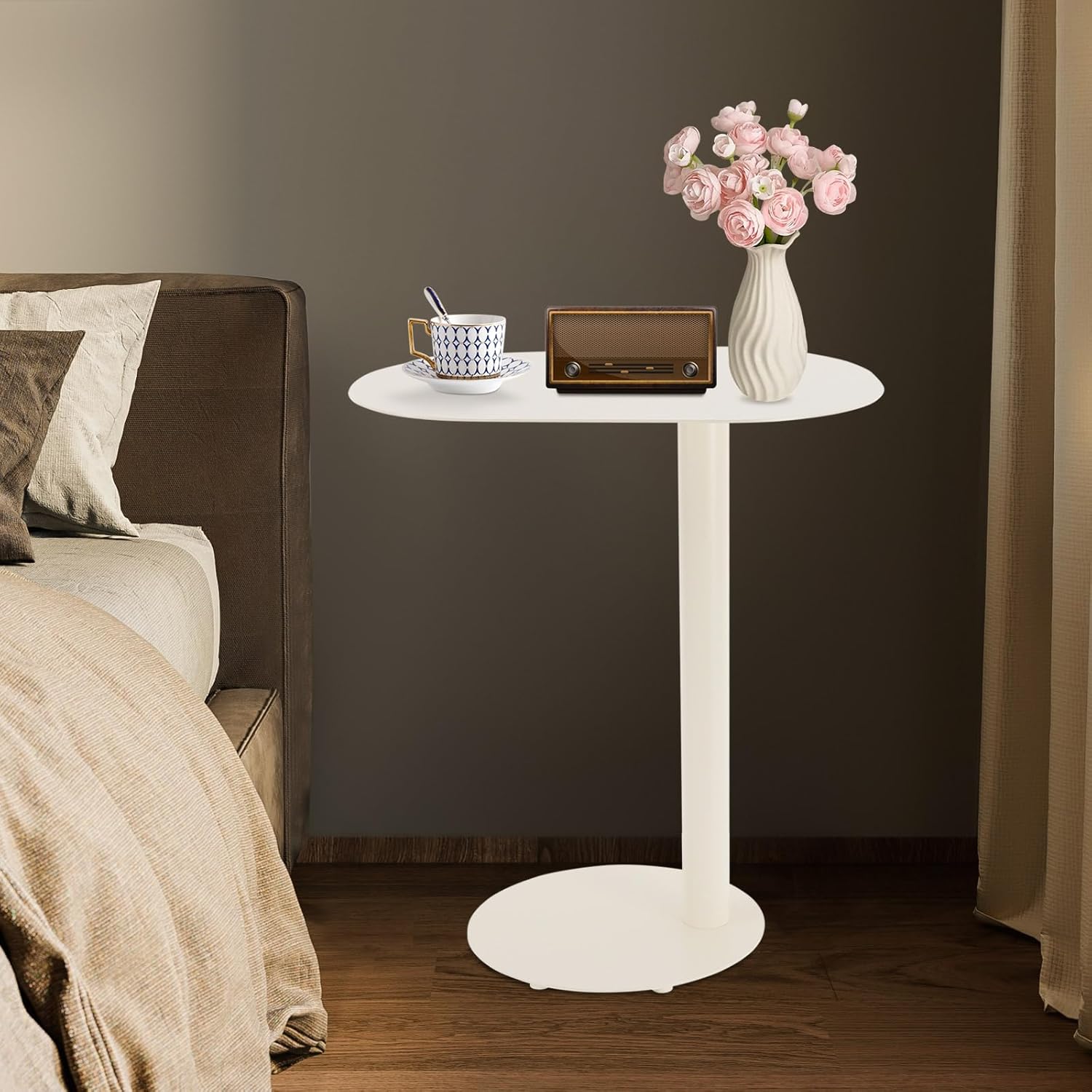 C-Shaped End Table, Metal Side Table for Couch Sofa and Bed, Small Modern Side Tables for Living Room Bedroom, Cream White