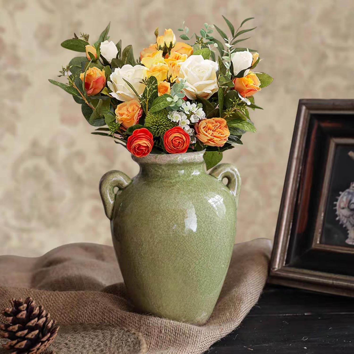 8 Inch Vintage Ceramic Vase, Rustic Chinoiserie Flower Vase Farmhouse Decorative Vases for Home Decor, Ice Cracked Glazed Terracotta Vases for Table Centerpiece Living Room Shelf Decor
