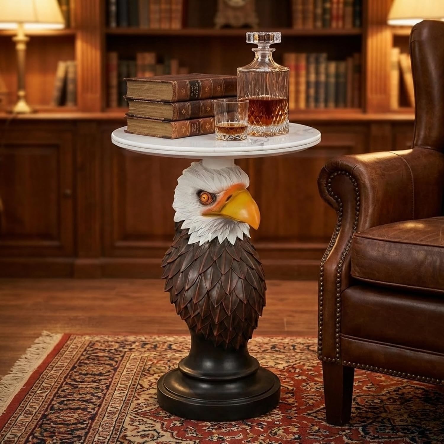 Animal End Tables, Eagle Head Accent Table with Artificial Marble Top, Resin Animal Statue Side Table for Living Room, Bedroom, Man Cave, Home Bar