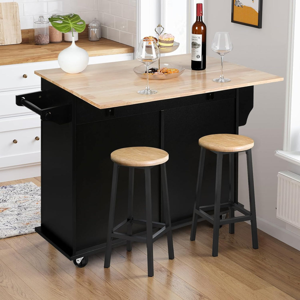 VOWNER 43" W Kitchen Island with Drop Leaf, Rolling Kitchen Island with Drawers, Portable Island Kitchen with Storage, Butcher Block Kitchen Cart with Spice Rack & Towel Rack (Black)