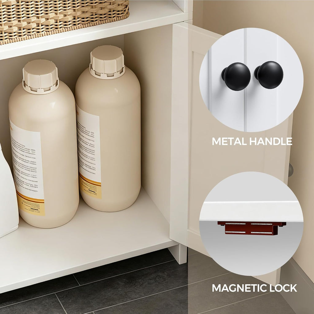 Small Bathroom Storage Cabinet, Freestanding Bathroom Cabinet and Organizer with Shelves, Small Cabinet with Doors for Bathroom, Laundry Room, 7.9" D x 14.6" W x 31" H, White
