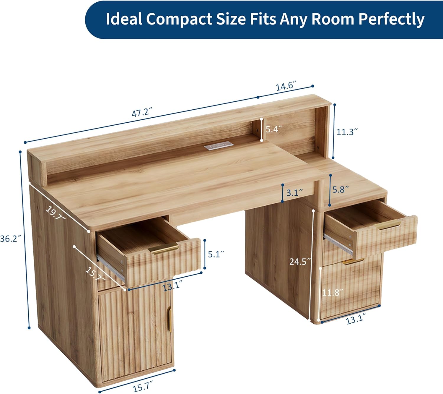 IDEALHOUSE Rectangular Computer Desk with Hutch & Printer Stand, Ripple Door Storage Home Office Desk, Space-Saving Study Writing Desk for Bedroom, Sturdy Board Student Desk with Easy Assembly