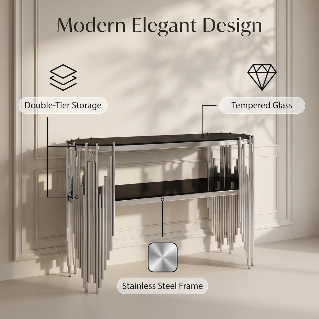 Modern Oval Console Table, 47 Inch Silver Sofa Tables with 2-Tier Black Tempered Glass Shelves & Polished Stainless Steel Frame Accent Side Table for Hallway Living Room (Silver+Black)