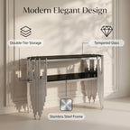 Modern Oval Console Table, 47 Inch Silver Sofa Tables with 2-Tier Black Tempered Glass Shelves & Polished Stainless Steel Frame Accent Side Table for Hallway Living Room (Silver+Black)