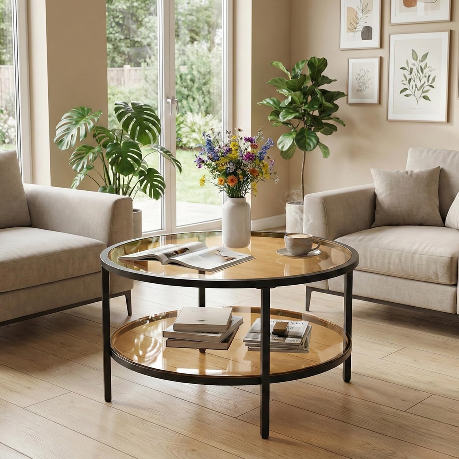 DIYART 29.5" Round Glass Coffee Table, 2-Tier Modern Amber Glass & Metal End Table for Living Room, Mid Century Accent Table with Lower Shelf, 29.5" D x 16.5" H