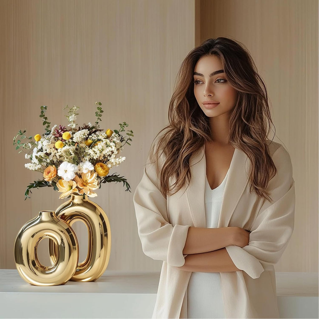 Gold Ceramic Vase Set Home Decor,Round Donut Vase for Pampas Grass for Shelf Decor Home,Nordic Modern Oval Vase for Bookshelf,FireplaceMantle,Centerpieces,Farmhouse,Rustic Décor