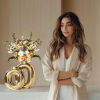 Gold Ceramic Vase Set Home Decor,Round Donut Vase for Pampas Grass for Shelf Decor Home,Nordic Modern Oval Vase for Bookshelf,FireplaceMantle,Centerpieces,Farmhouse,Rustic Décor
