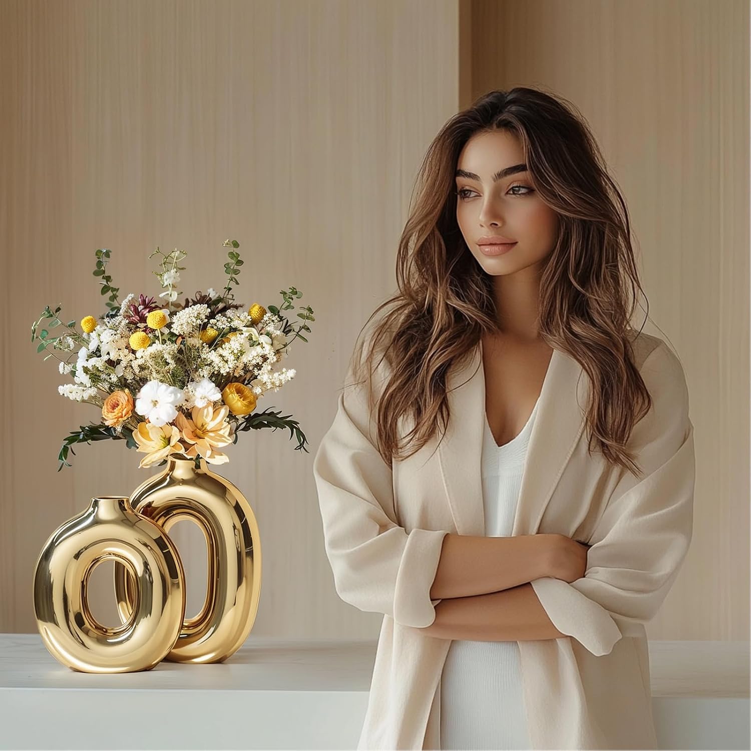 Gold Ceramic Vase Set Home Decor,Round Donut Vase for Pampas Grass for Shelf Decor Home,Nordic Modern Oval Vase for Bookshelf,FireplaceMantle,Centerpieces,Farmhouse,Rustic Décor