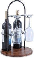 Wine Bottle and Glass Holder for Countertop | Small Wine Rack for 2 Bottles & 2 Glasses | Modern Tabletop Wine Storage with Round Wood Base | Freestanding Wine Stand & Caddy for Home Bar (Black)