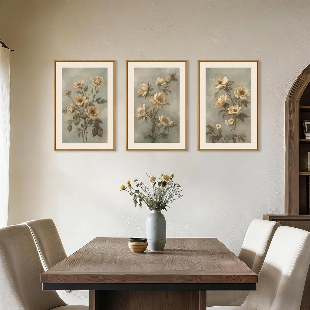 KAIRNE Vintage Botanical Flower Framed Canvas Wall Art Set,Boho Green Beige Floral Wall Decor,Rustic Wildflower Art Prints,Modern Minimalist Artwork for Living Room,Bedroom,Farmhouse,Office-24 x36 x3