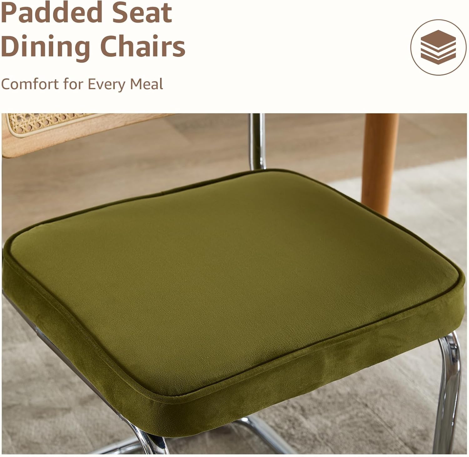Mid Century Modern Dining Chairs Set of 2, Rattan Dining Chairs with Cane Back and Upholstered Seat, Chrome Cantilever Metal Frame, Kitchen & Dining Room Chairs, Sillas de Comedor (Green)