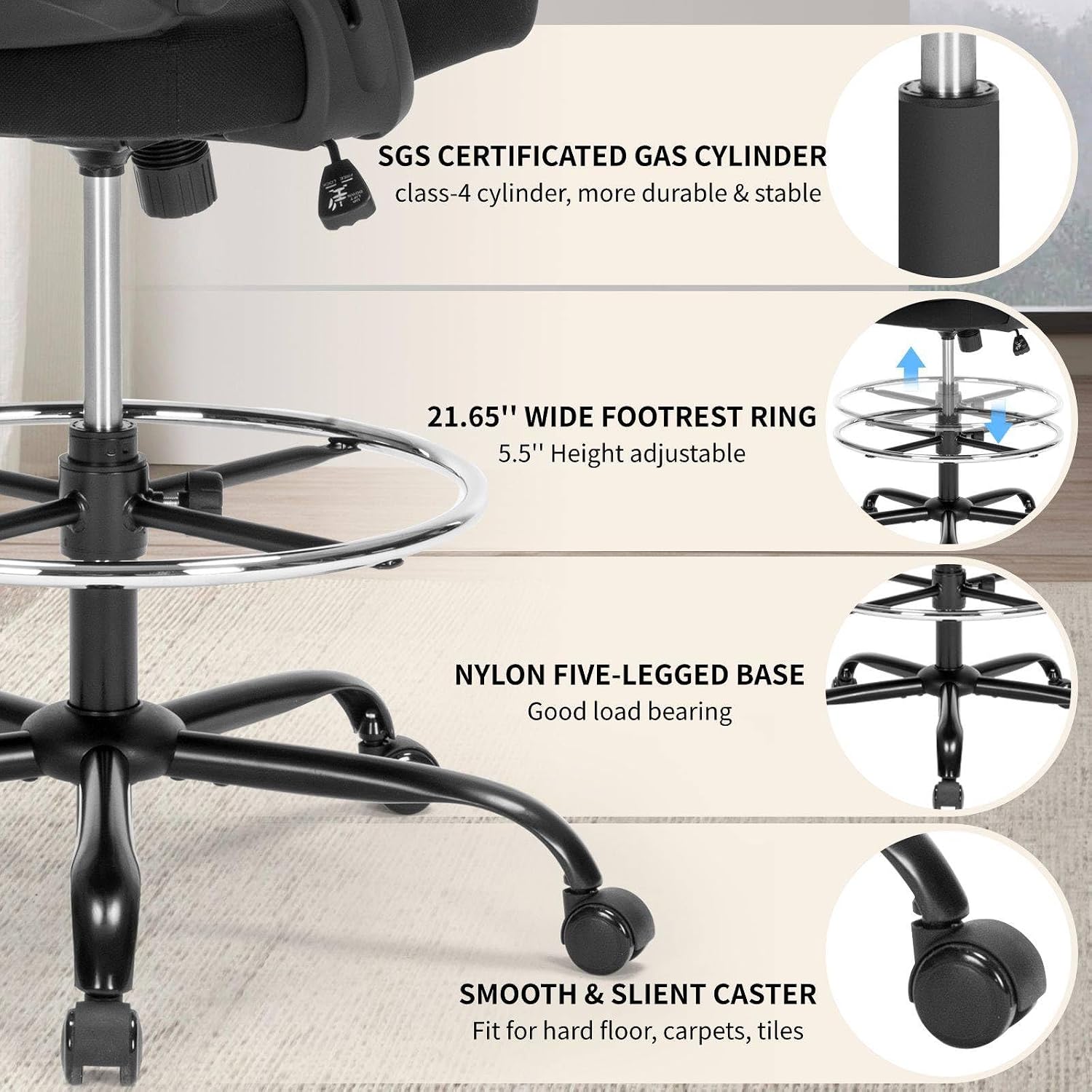 Drafting Chair, Tall Office Chair for Standing Desk, Ergonomic Standing Desk Chair with Flip-up Armrests, Counter Height Office Chair with Footrest and Adjustable Lumbar Support