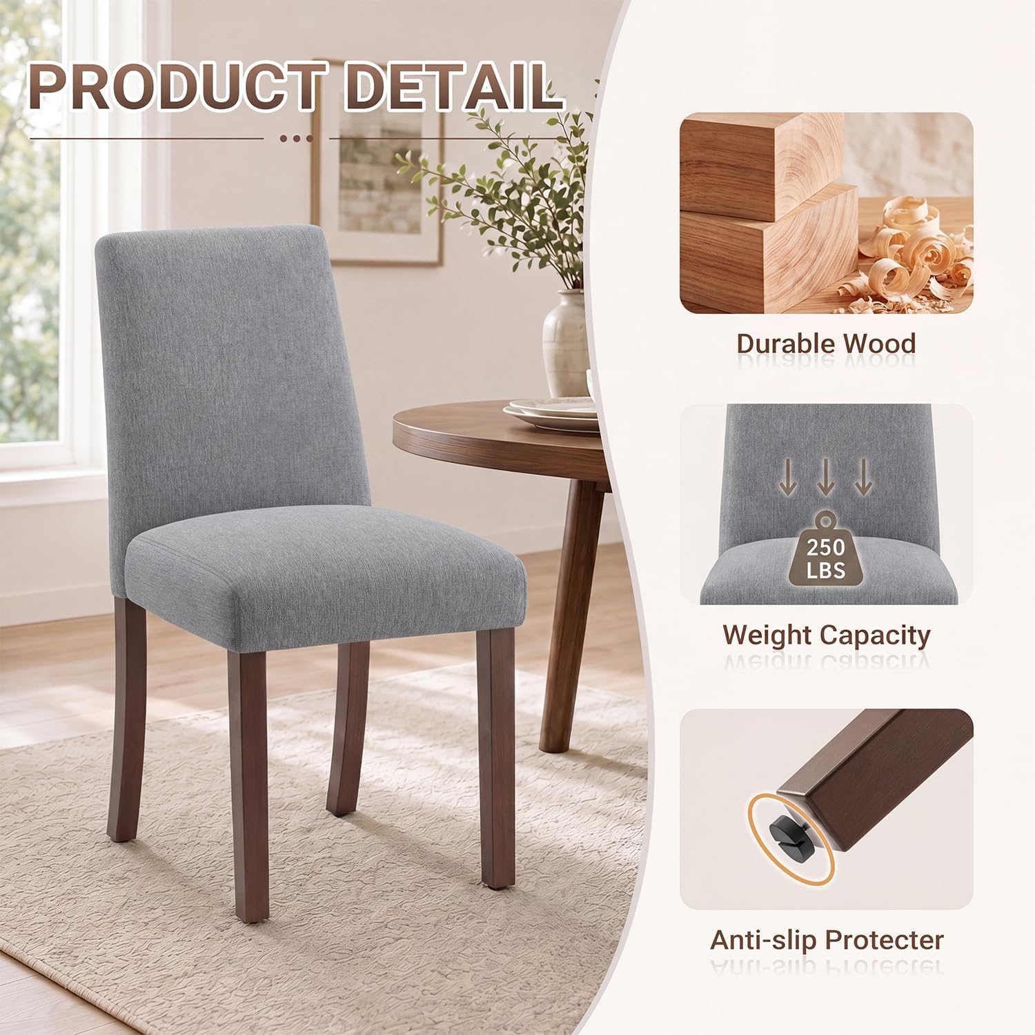 Upholstered Dining Chairs Set of 4, Mid-Century Dining Room Chairs with Wooden Legs, Farmhouse Fabric Parsons Chairs for Small Space Restaurant & Cafe- Gray