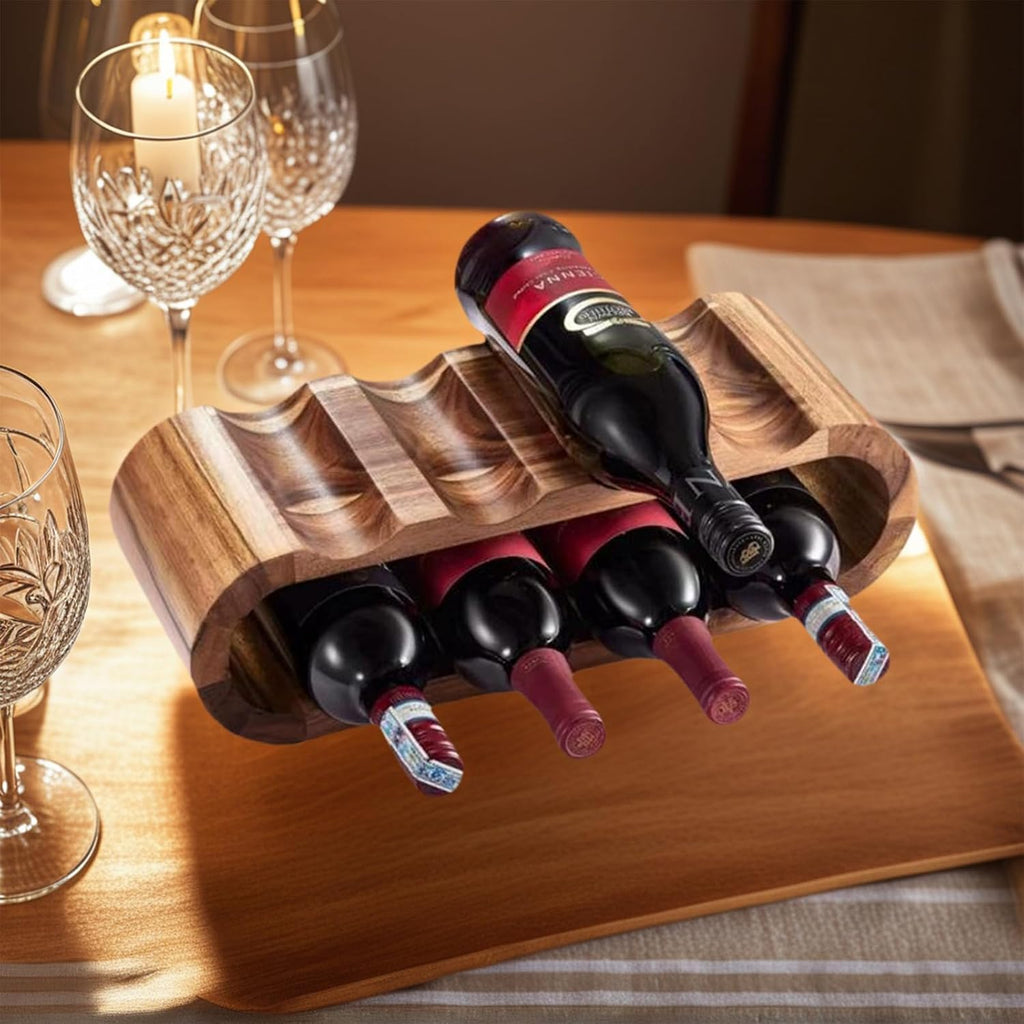 MultiBey 8-Bottle Acacia Wood Wine Rack - Freestanding Wine Compact Countertop & Cabinet Storage, Tabletop Wine Liquor Bottle Holder for Kitchen, Bar (16.34"x5.91"x4.92")