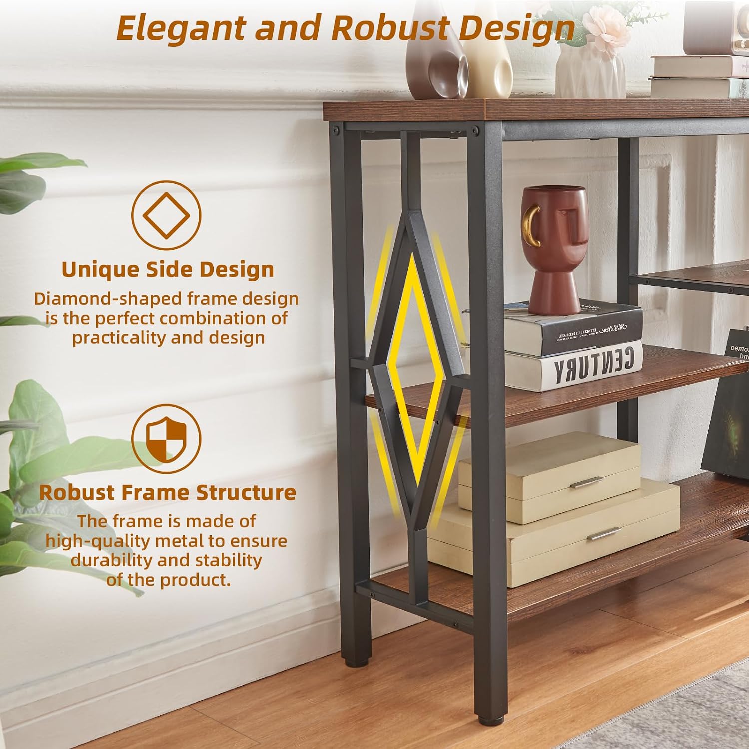 HOMBAZAAR Console Sofa Table, Rustic Entryway Table with Metal Frame and Open Shelves, Industrial Hallway Table with 3 Tier for Entry, Living Room, Foyer,Brown,47 inch