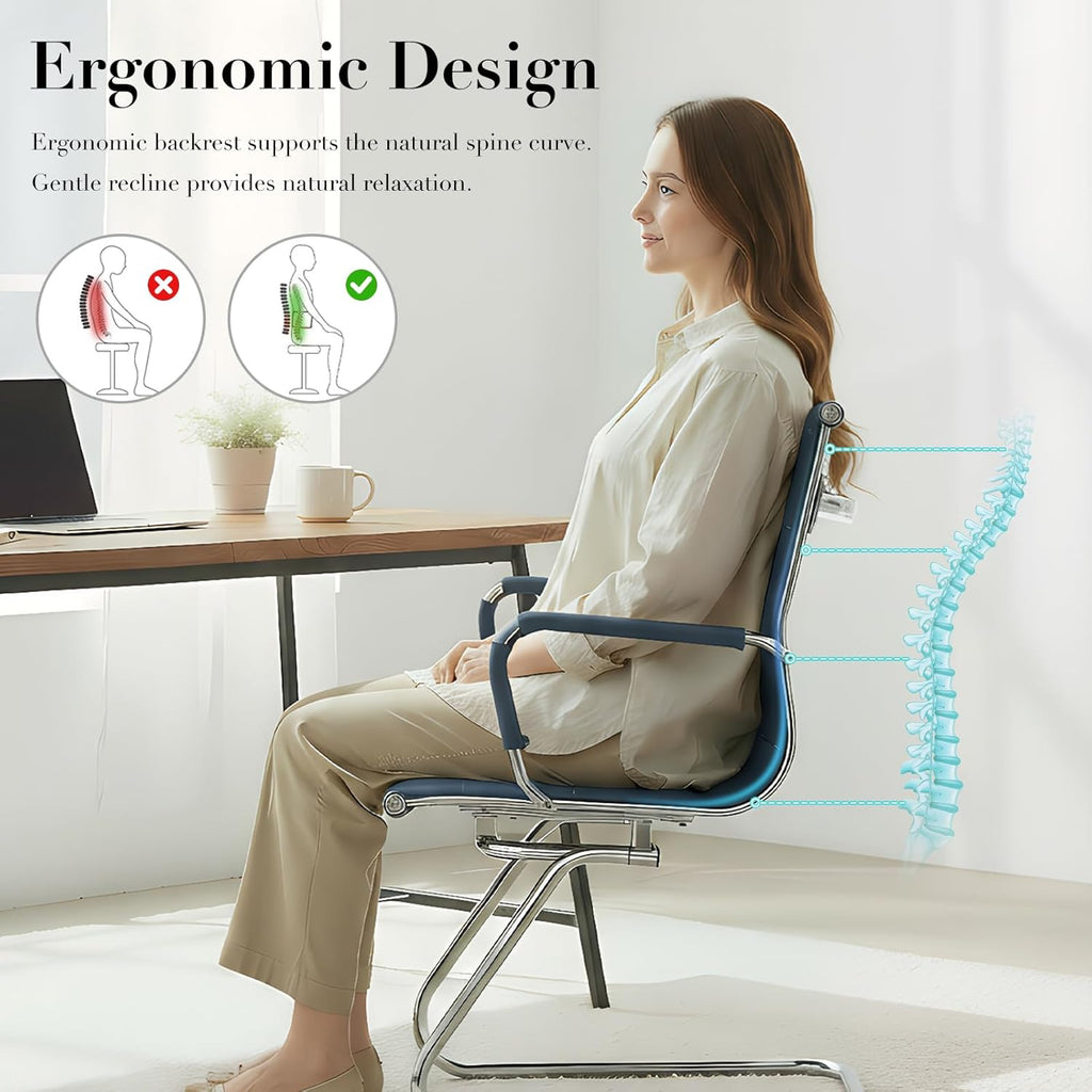 CIMOTA Waiting Room Chairs Leather Office Guest Chair Mid Back Reception Chairs with Sled Base for Meeting/Patient/Conference Room, Navy Set of 2