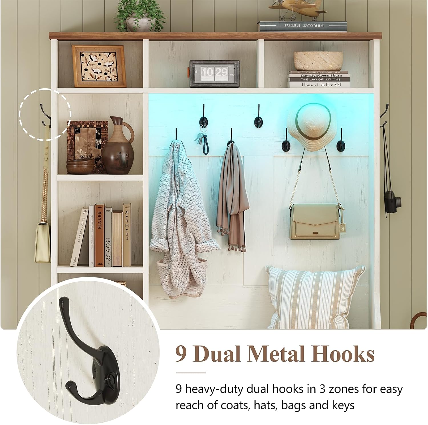 TVU Storage Hall Tree with Bench & 3 Drawers, 22-in-1 Coat Rack With 9 Coat Hooks, Farmhouse Entryway Bench With 9 Open Shelves for Hallway, Entryway (Hall Tree)