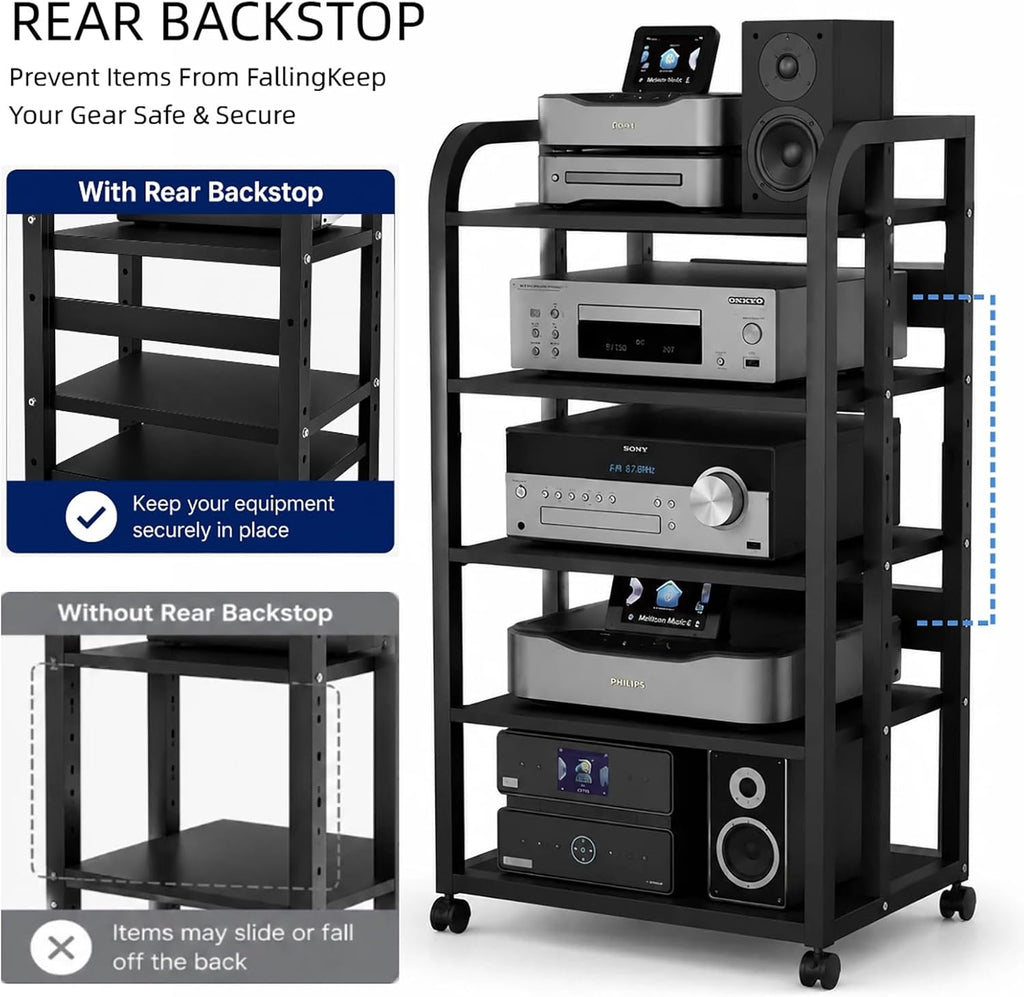 5-Tier Audio Rack with Wheels, Adjustable AV Media Stand for Stereo Components, Heavy Duty Stereo Cabinet with Open Airflow Shelves, Audio Equipment Rack for Living Room and Home Theater