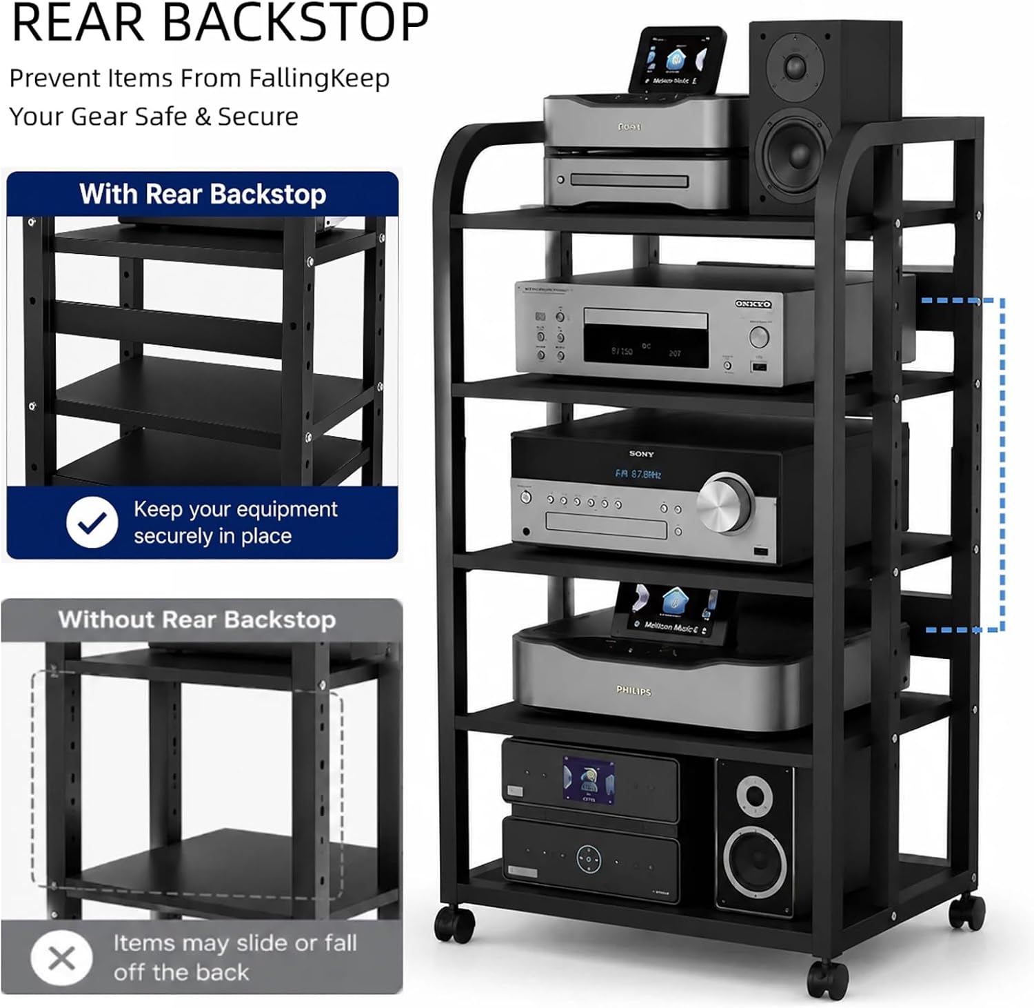 5-Tier Audio Rack with Wheels, Adjustable AV Media Stand for Stereo Components, Heavy Duty Stereo Cabinet with Open Airflow Shelves, Audio Equipment Rack for Living Room and Home Theater