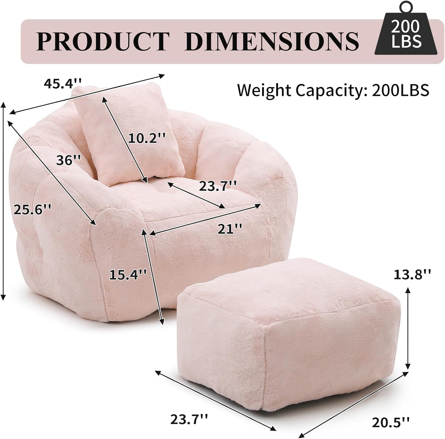 Bean Bag Chair for Adults, Faux Fur Upholstered Beanbag Chair with Shell-Shaped Design, Comfy Bean Bag Sofa with Pillow and Footstool, Floor Sofa Chair for Bedroom (Pink)