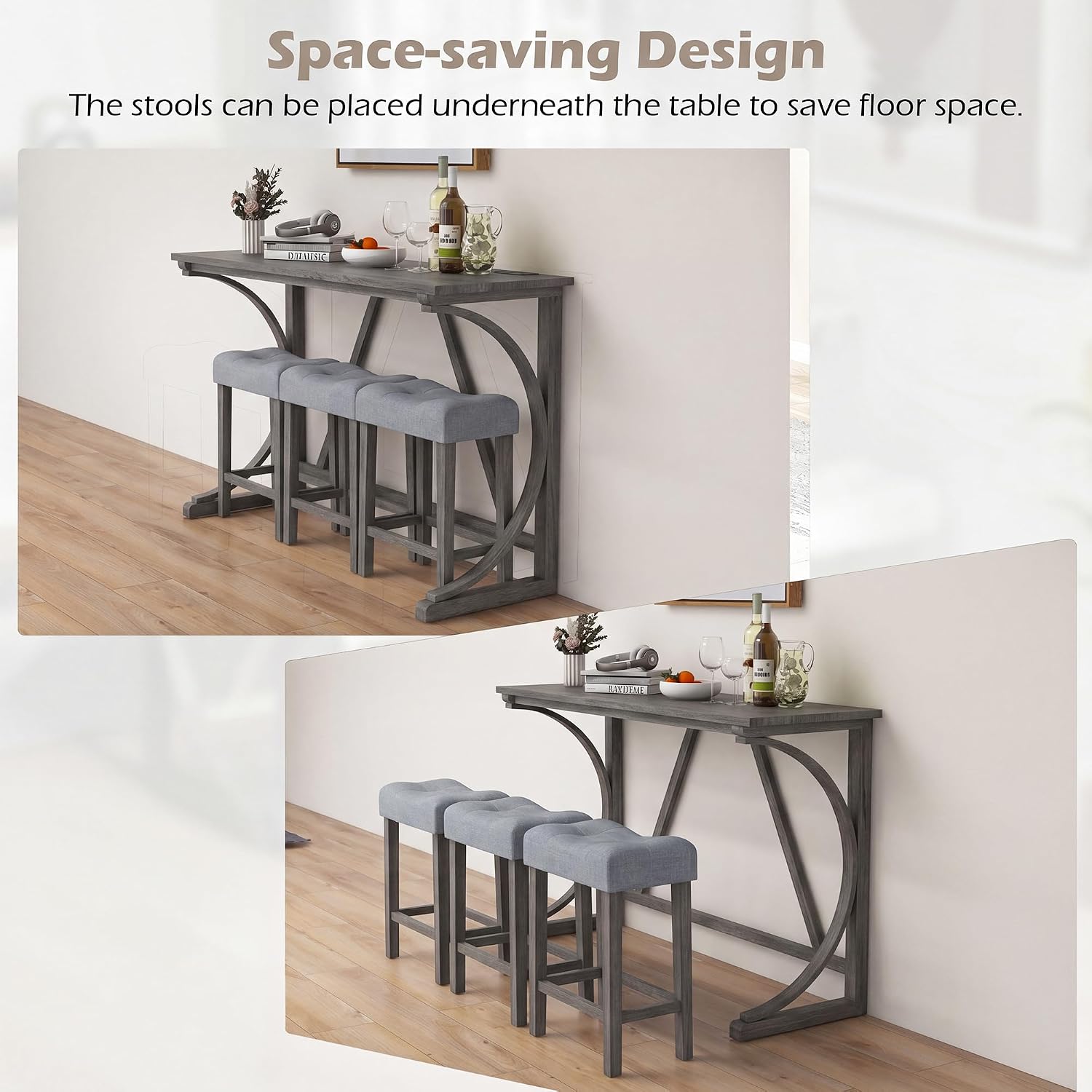 COSTWAY 4-Piece Farmhouse Bar Table Set with Power Outlet, Counter Height Dining Table Set w/ 3 Upholstered Stools, Wood Console Table Set for Kitchen, Dining Room, Living Room (Gray)