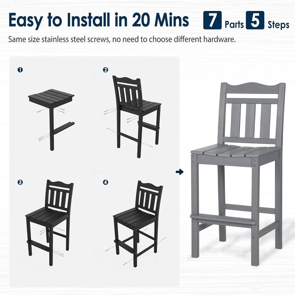 nalone Outdoor Bar Stools Set of 2, HDPE Tall Adirondack Chairs Bar Chairs, Weather Resistance Bar Height Chair for Balcony, Garden, Yard, Backyard (Grey, Bar Chairs Set of 2)
