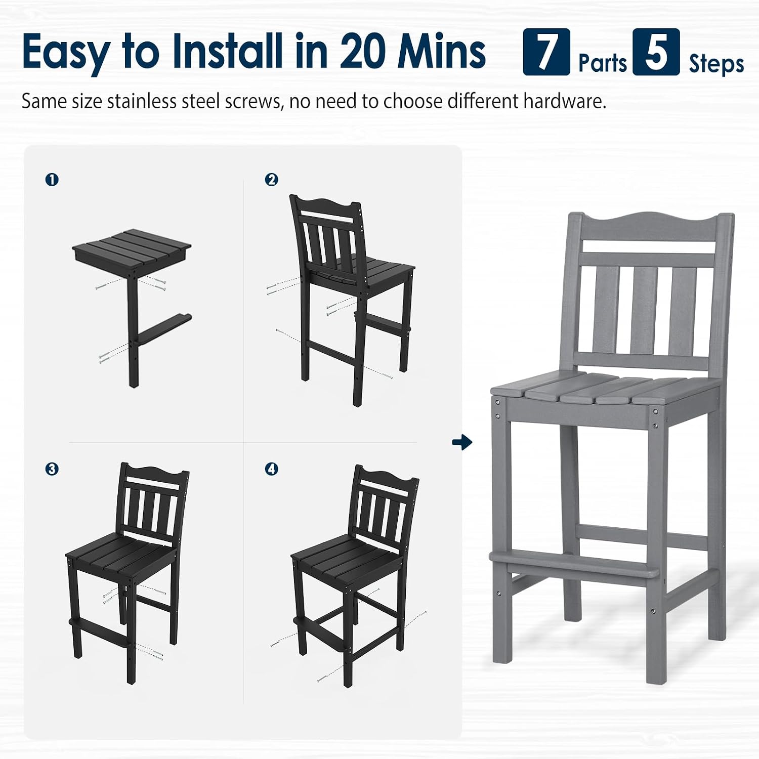 nalone Outdoor Bar Stools Set of 2, HDPE Tall Adirondack Chairs Bar Chairs, Weather Resistance Bar Height Chair for Balcony, Garden, Yard, Backyard (Grey, Bar Chairs Set of 2)