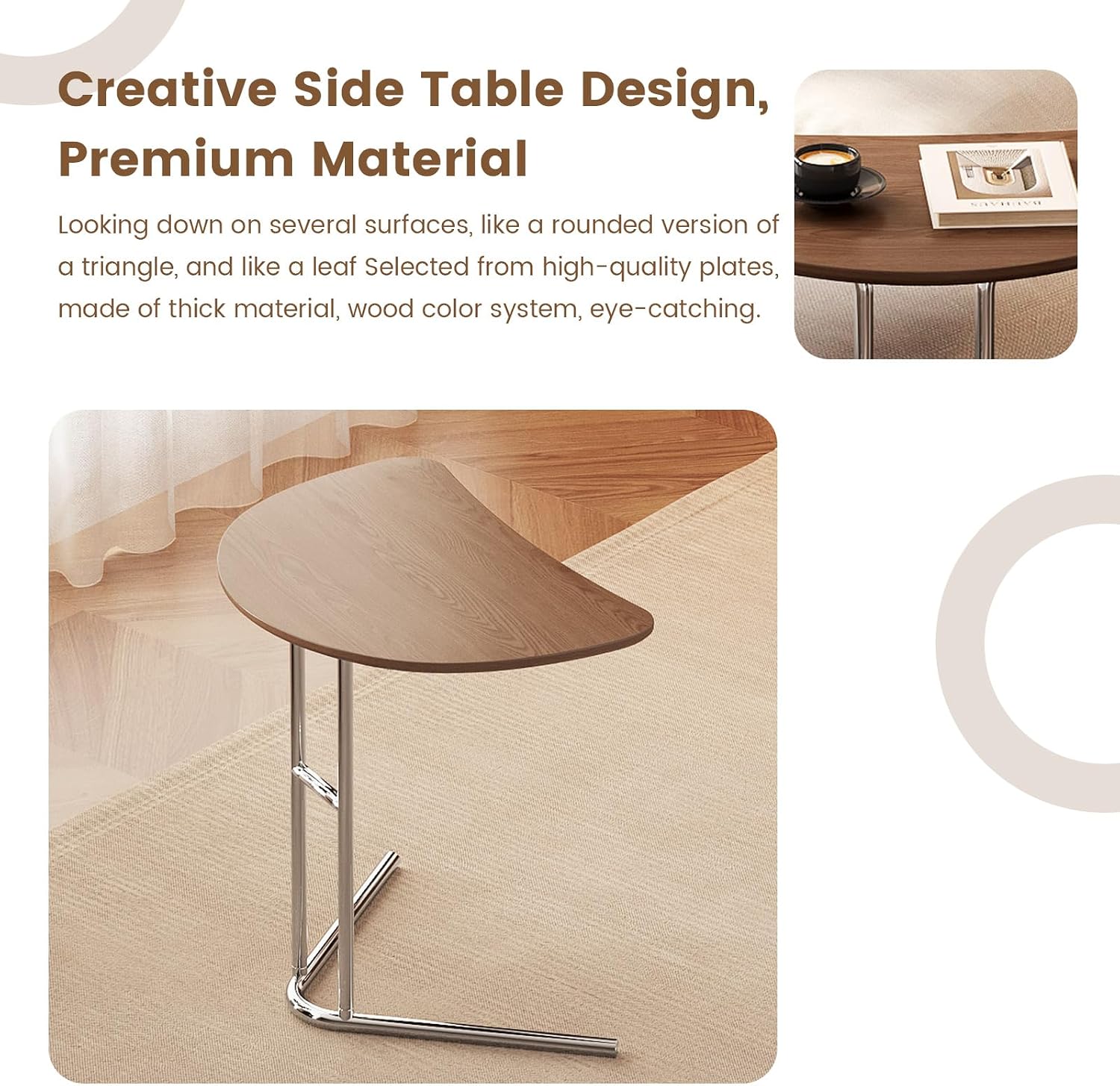 C Shape End Table, Metal Frame TV Tray Desk, Half Round Overbed Laptop Computer Side Table for Sofa, Bed and Other Small Spaces