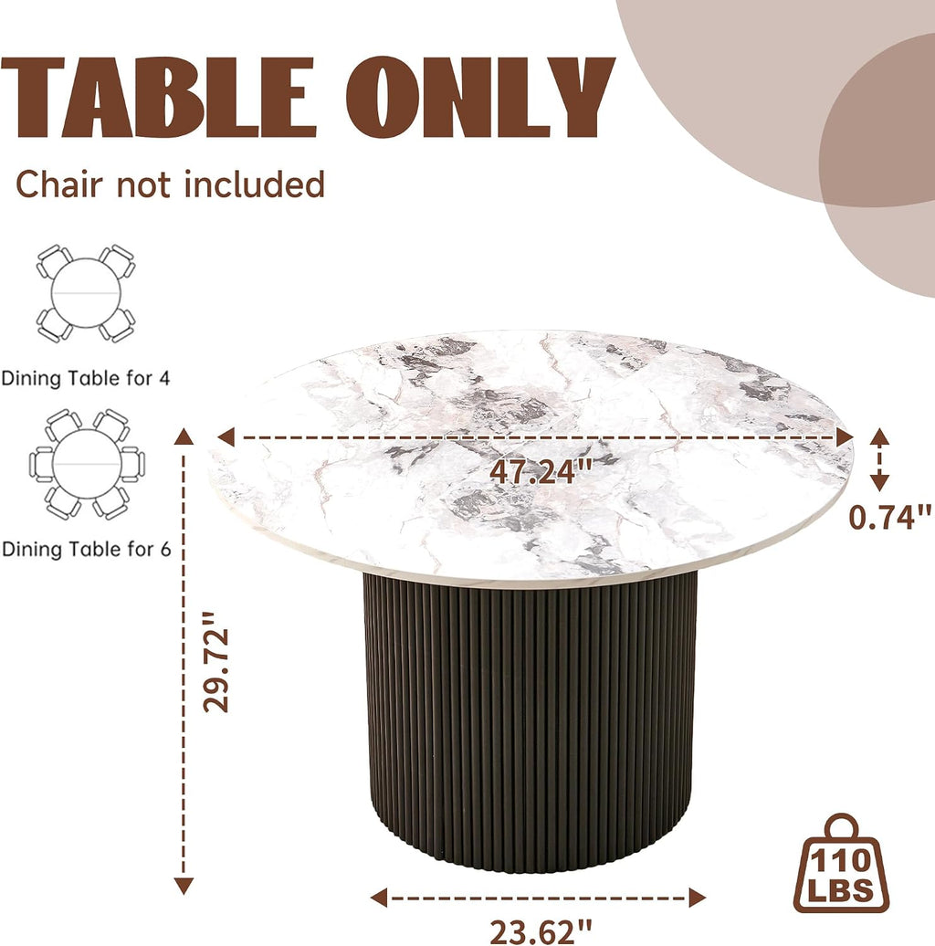 47" Rustic Round Dining Table for 4-6, Industrial Circle Kitchen Dinner Table, Two-Part Faux White Marble Grain Tabletop & Engineered Wood Pedestal Base for Kitchen Living Room Office