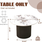 47" Rustic Round Dining Table for 4-6, Industrial Circle Kitchen Dinner Table, Two-Part Faux White Marble Grain Tabletop & Engineered Wood Pedestal Base for Kitchen Living Room Office