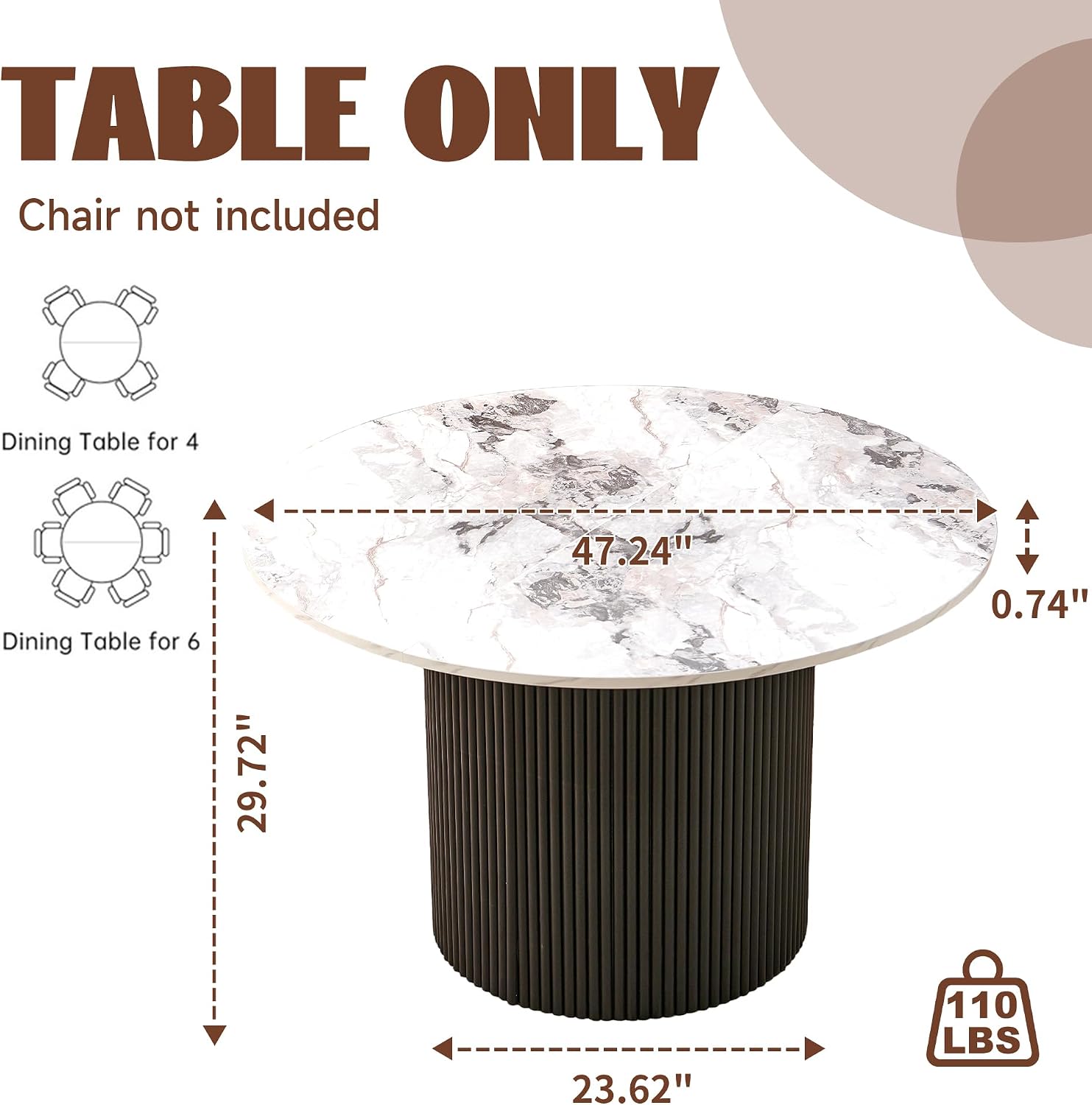 47" Rustic Round Dining Table for 4-6, Industrial Circle Kitchen Dinner Table, Two-Part Faux White Marble Grain Tabletop & Engineered Wood Pedestal Base for Kitchen Living Room Office