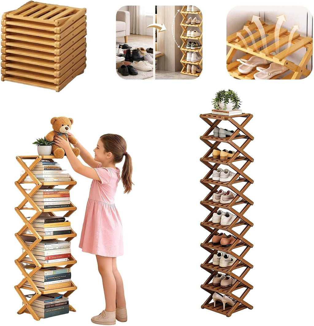 9-Tier Foldable Bamboo Shoe Rack - Slim Corner Shelf Portable Organizer with Tool-Free Setup for Entryway, Closet, Bedroom, Under-Bed Storage