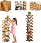 9-Tier Foldable Bamboo Shoe Rack - Slim Corner Shelf Portable Organizer with Tool-Free Setup for Entryway, Closet, Bedroom, Under-Bed Storage