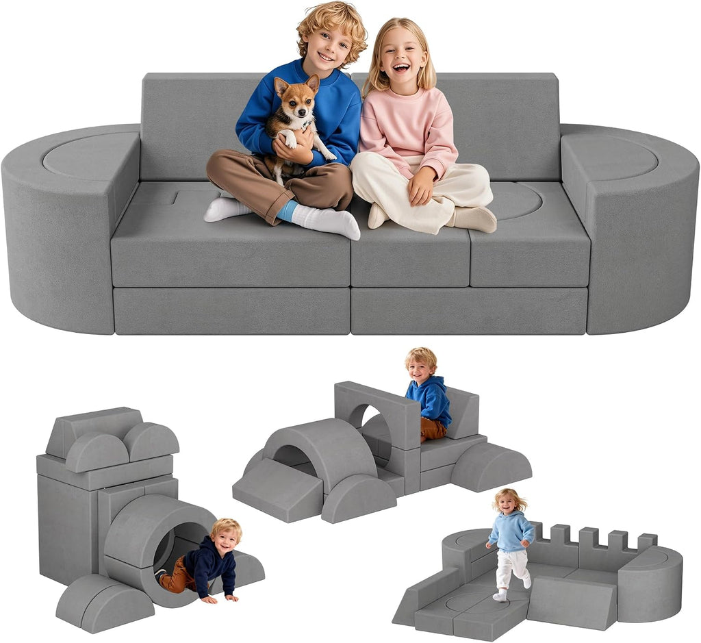 68 Inch Extra Large Modular Kids Play Couch, Toddler Foam Couch, 16Pcs Fort Pillows for Kids, Playroom Decor for Boys and Girls, Grey-Castle Wall