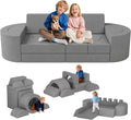 68 Inch Extra Large Modular Kids Play Couch, Toddler Foam Couch, 16Pcs Fort Pillows for Kids, Playroom Decor for Boys and Girls, Grey-Castle Wall