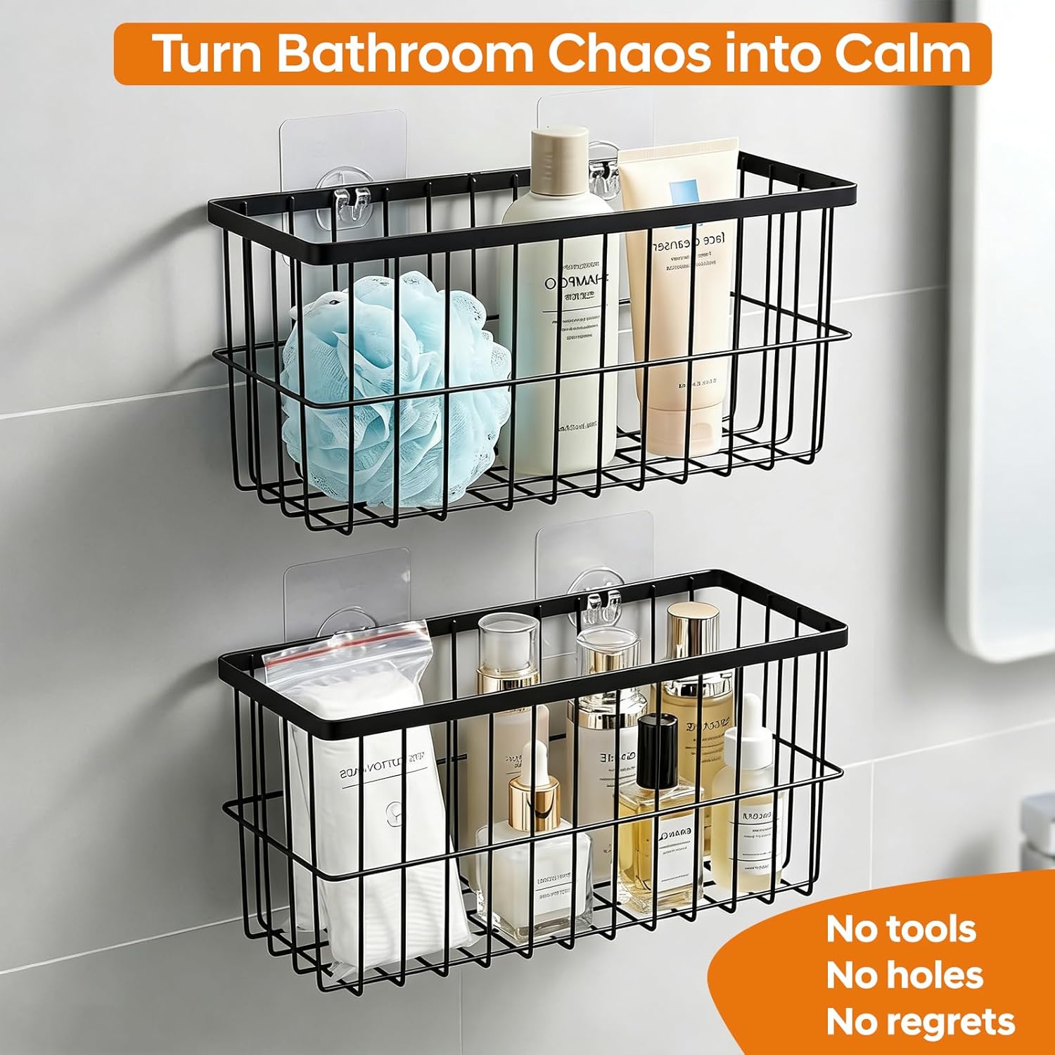 FAMNONE 2 Pack Adhesive Cabinet Door Organizer – 5.9” Deep Lid Organizer for Cabinet, No Drill Wall Mounted Storage Box for Pantry Door, Kitchen & Bathroom Space Saving Organizer