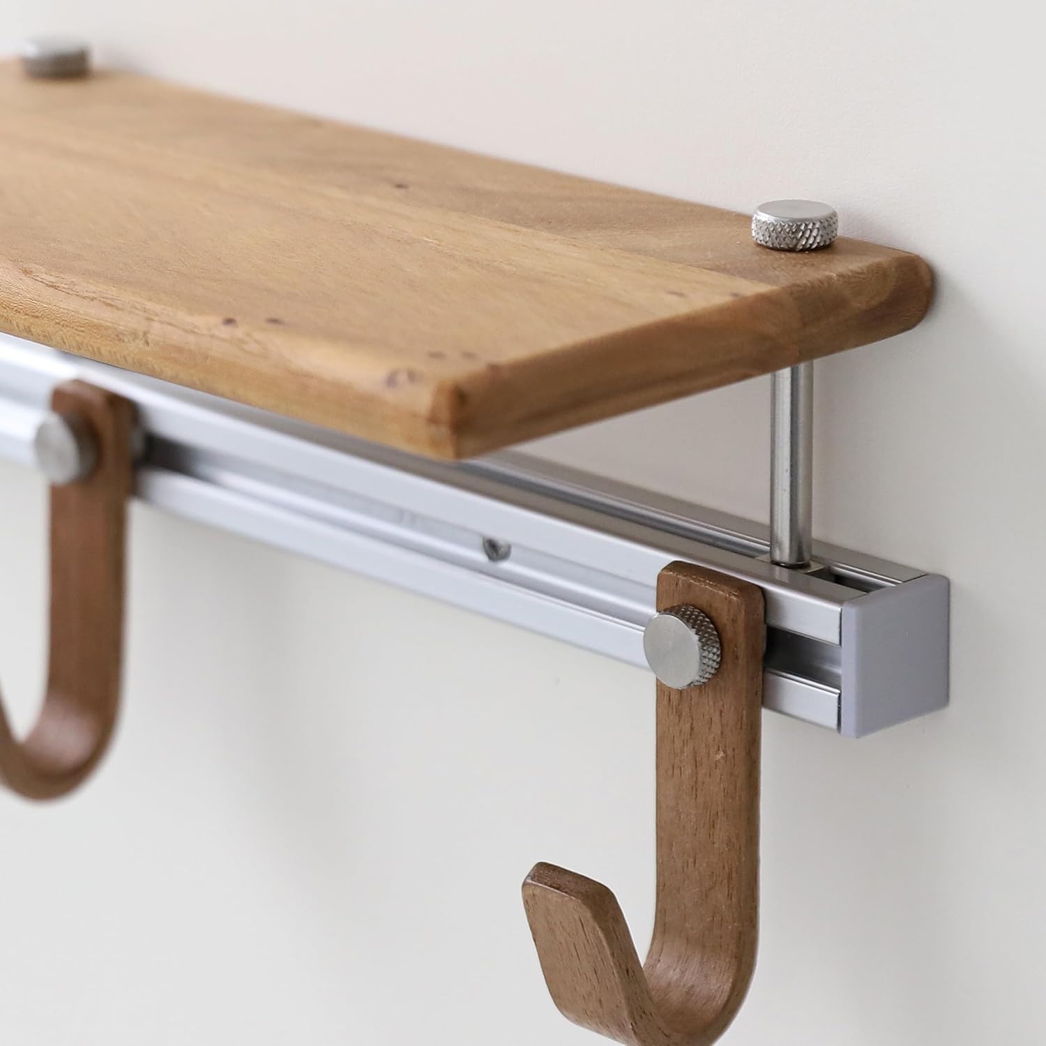 Wall Mounted Coat Rack with Shelf, Modular Entryway Hooks Organizer, Adjustable Aluminum Rail with Wooden Hooks, Expandable Storage for Entryway, Hallway, Mudroom