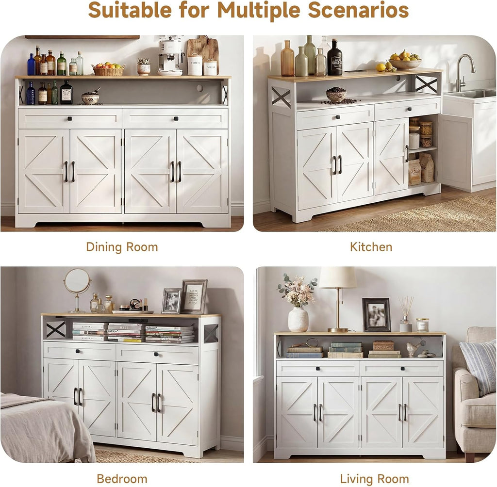 Lahomie Sideboard Buffet Cabinet with Storage, 47" Kitchen Buffet Cabinet with Charging Station, Farmhouse Coffee Bar Station with Drawers and Doors, Credenza for Kitchen Living Room Entryway, White