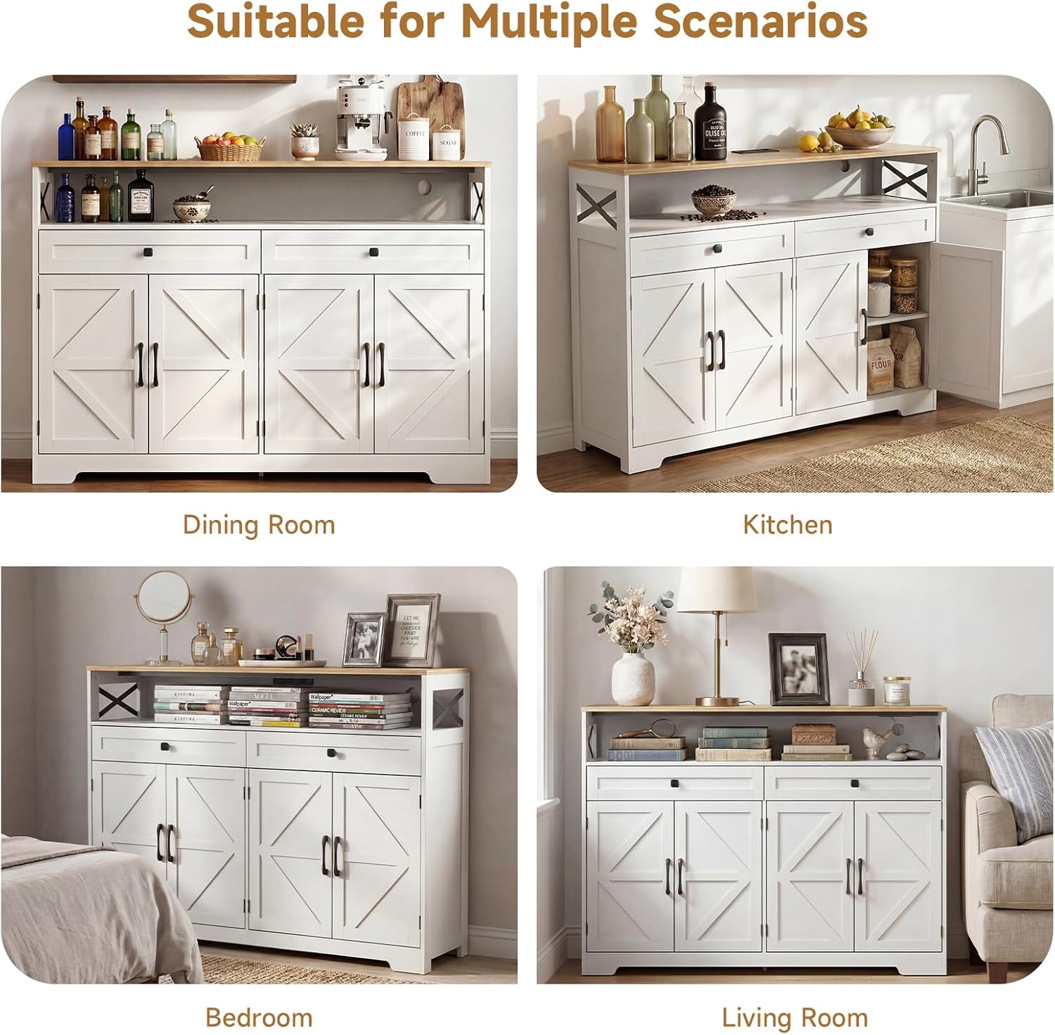 Lahomie Sideboard Buffet Cabinet with Storage, 47" Kitchen Buffet Cabinet with Charging Station, Farmhouse Coffee Bar Station with Drawers and Doors, Credenza for Kitchen Living Room Entryway, White
