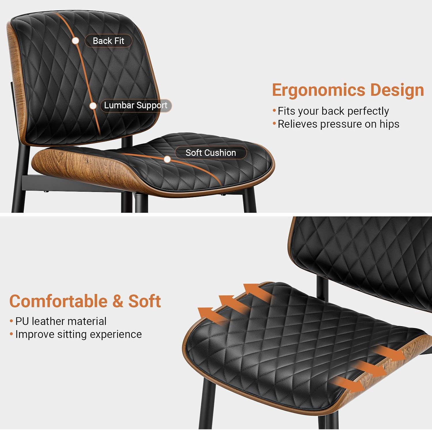 YaFiti Dining Chairs Set of 2, Mid Century Modern Accent Dining Room and Kitchen Chairs, Upholstered PU Leather Diamond Check Chairs with Walnut Bentwood and Metal Legs, Black