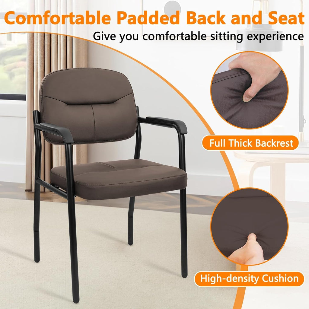 CLATINA Leathert Reception Chair No Wheels, Office Guest Chair with Padded Armrests and Lumber Support, Ergonomic Arm Chair for Meeting Waiting Conference Lobby Room Shool Study, Brown, 4PK