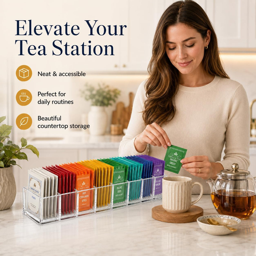 Tea Bag Organizer, Clear Pantry Storage Box with 8 Compartments, Matcha Station, Storage Bins for Drawers, Countertops, Fridge, Kitchen, Snack & Spice Organization