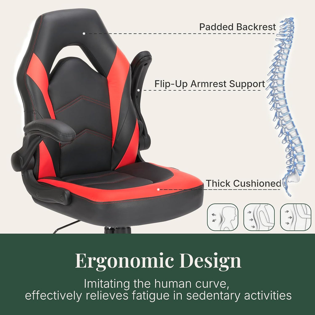 Ergonomic Computer Gaming Chair with Flip-up Armrest, Height Adjustable PU Leather Home Office Desk Chair with Lumbar Support Swivel Wheels and for Adults and Kids, Scarlet Red