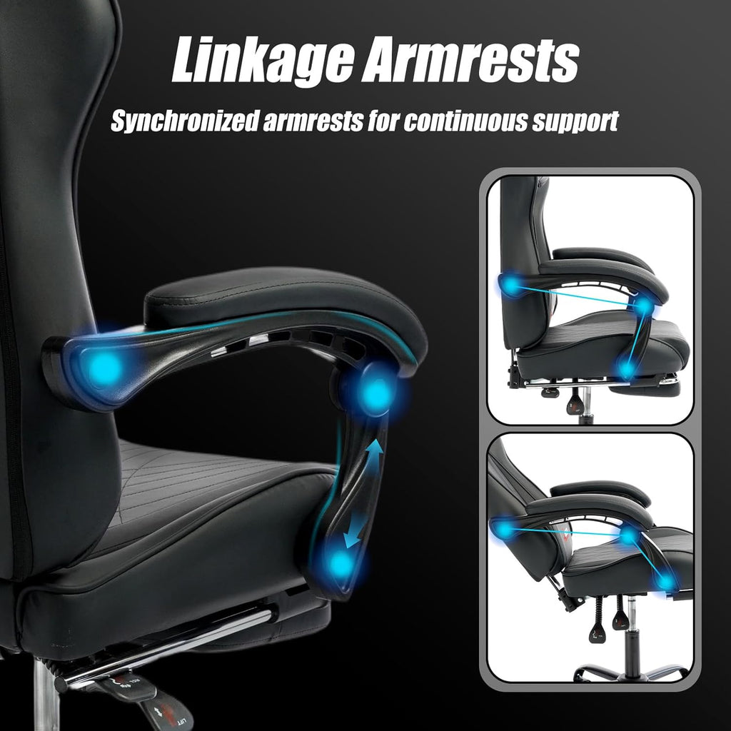 Gaming Chair with Footrest, Ergonomic Game Chair with Lumbar Support and Linkage Armrest, Reclining Computer Chair Height Adjustable for Home Office Father's Day(1001-Black)