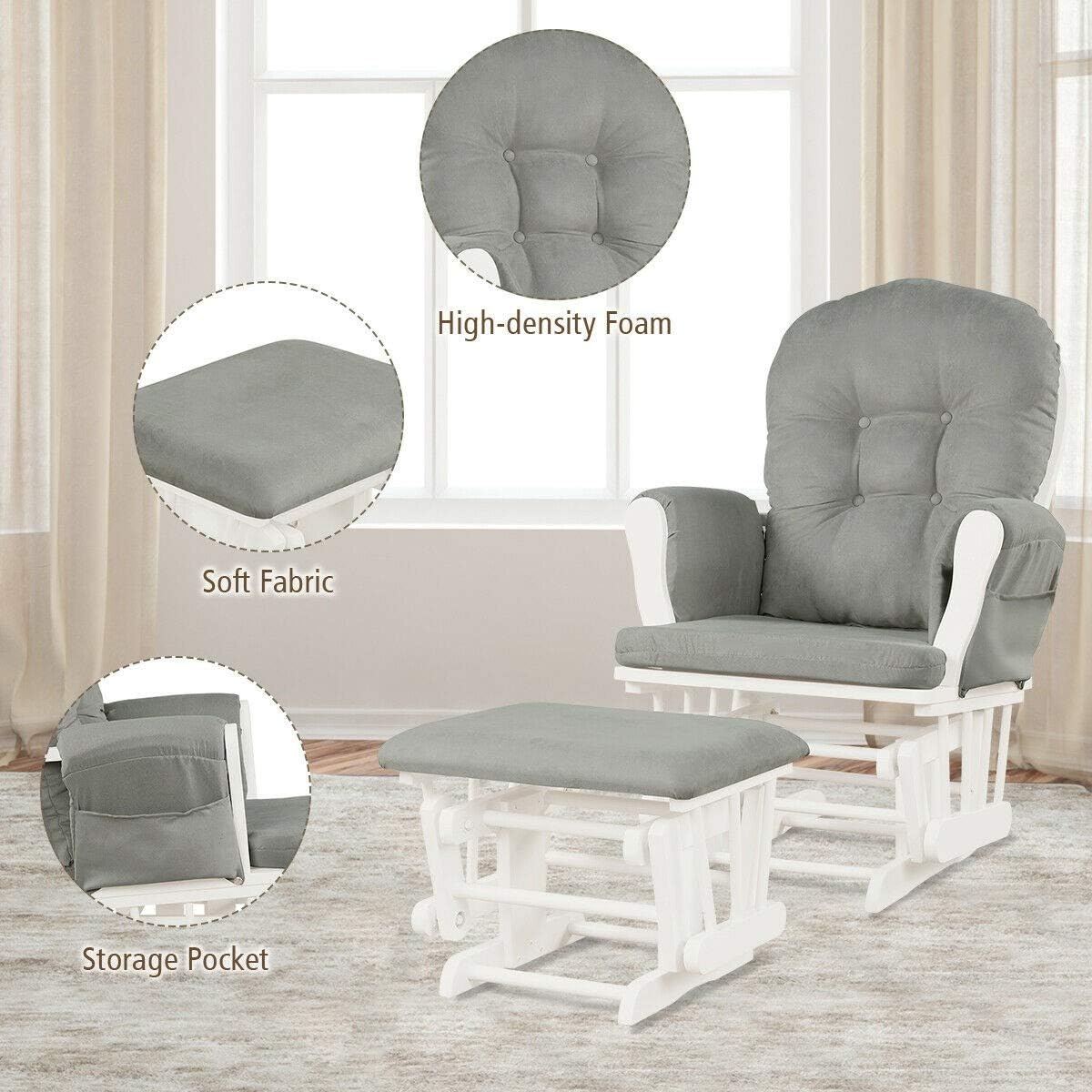 Nursery Rocking Chairs Nursery Glider Rocking Chair Wood Baby Rocker with Ottoman Cushion Upholstered Nursing Chair with Padded Arms (Light Gray)