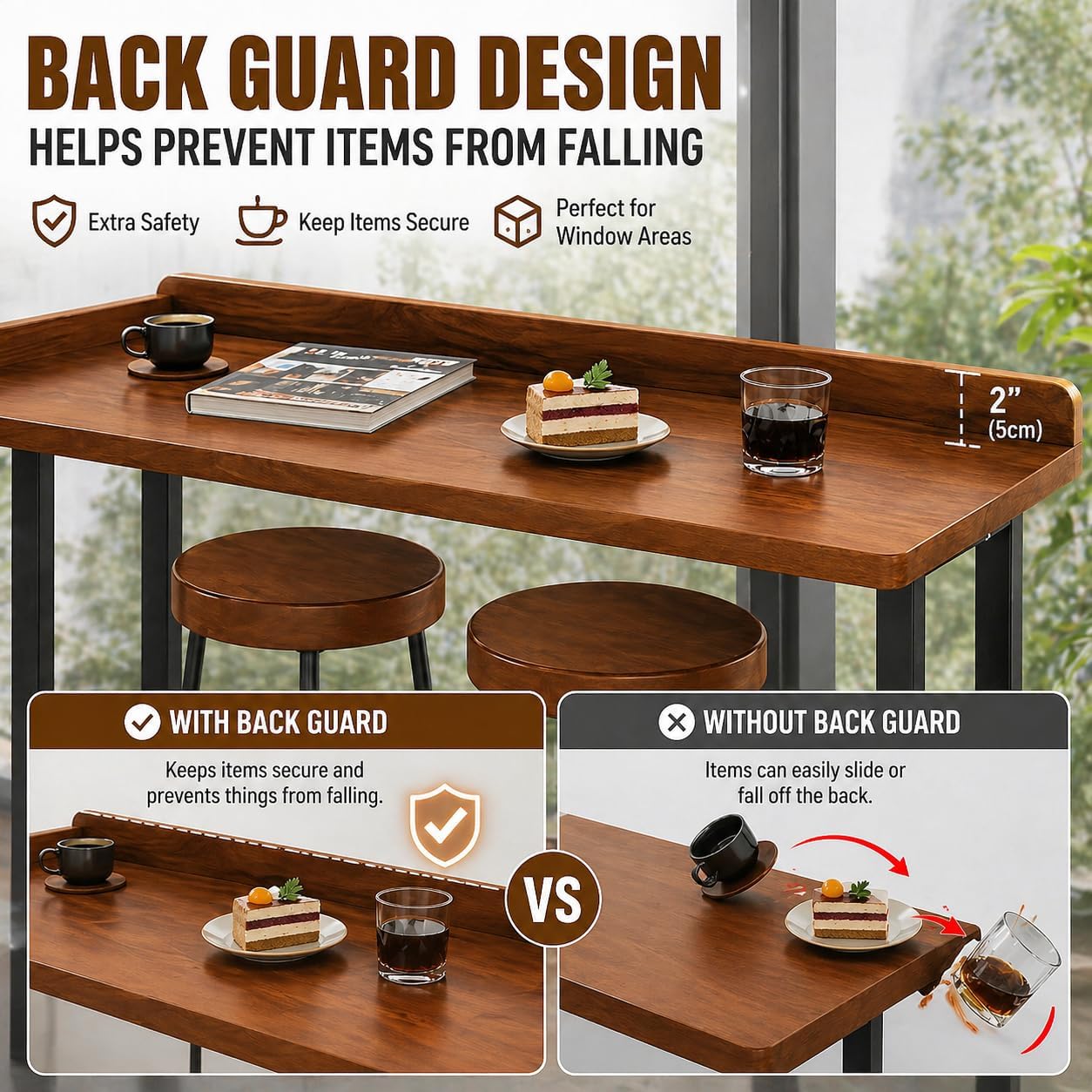 Live Edge Bar Table with Guardrail, 2" Thick Solid Wood Long Narrow High Top Table, Industrial Counter Height Pub Table, Breakfast Tables with Metal Frame for Kitchen, Window, Coffee Bar