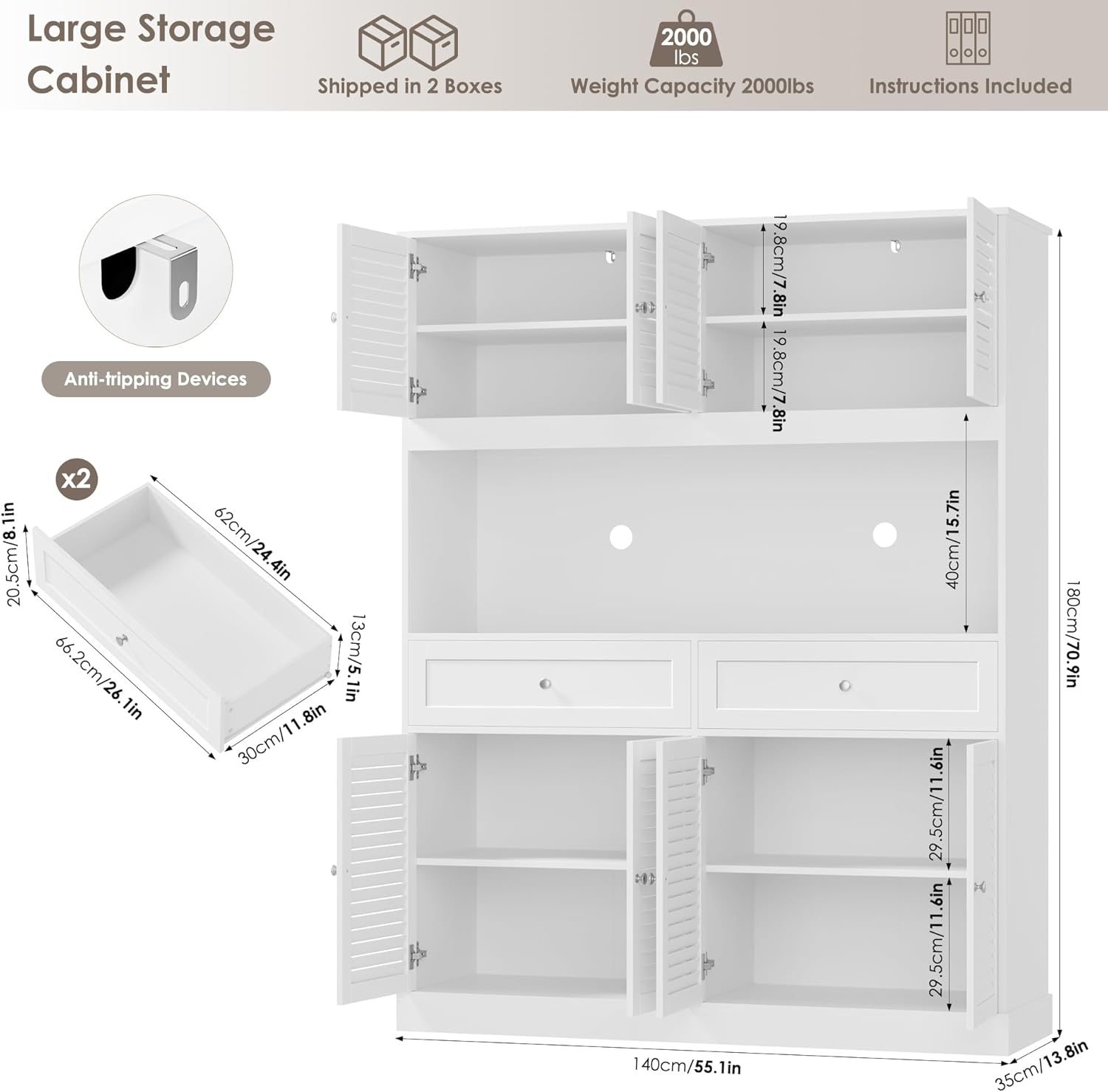 HIFIT 71“HX55“W Large Pantry Cabinet for Food Storage, Farmhouse Kitchen Hutch with Storage Drawers, Tall Kitchen Pantry Cabinet with Microwave Stand for Dining Living Room, White