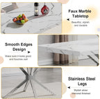 Faux Marble Dining Table Set for 6, Modern Kitchen Table Chairs Set 6, 70" Faux Marble Table with Silver Stainless Steel Leg, 6 Black Leather Chairs, 7 Piece Dining Set for Kitchen Living Dining Room